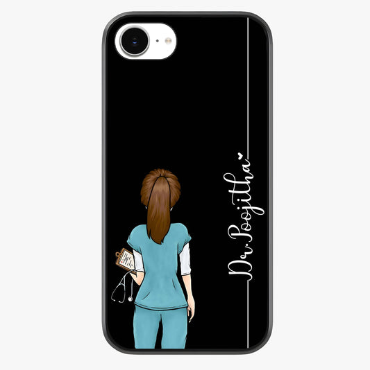 Doctor Pattern Custom Name Glass Case showing full back design in clean flat view with glossy glass finish.