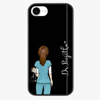 Doctor Pattern Custom Name Glass Case showing full back design in clean flat view with glossy glass finish.