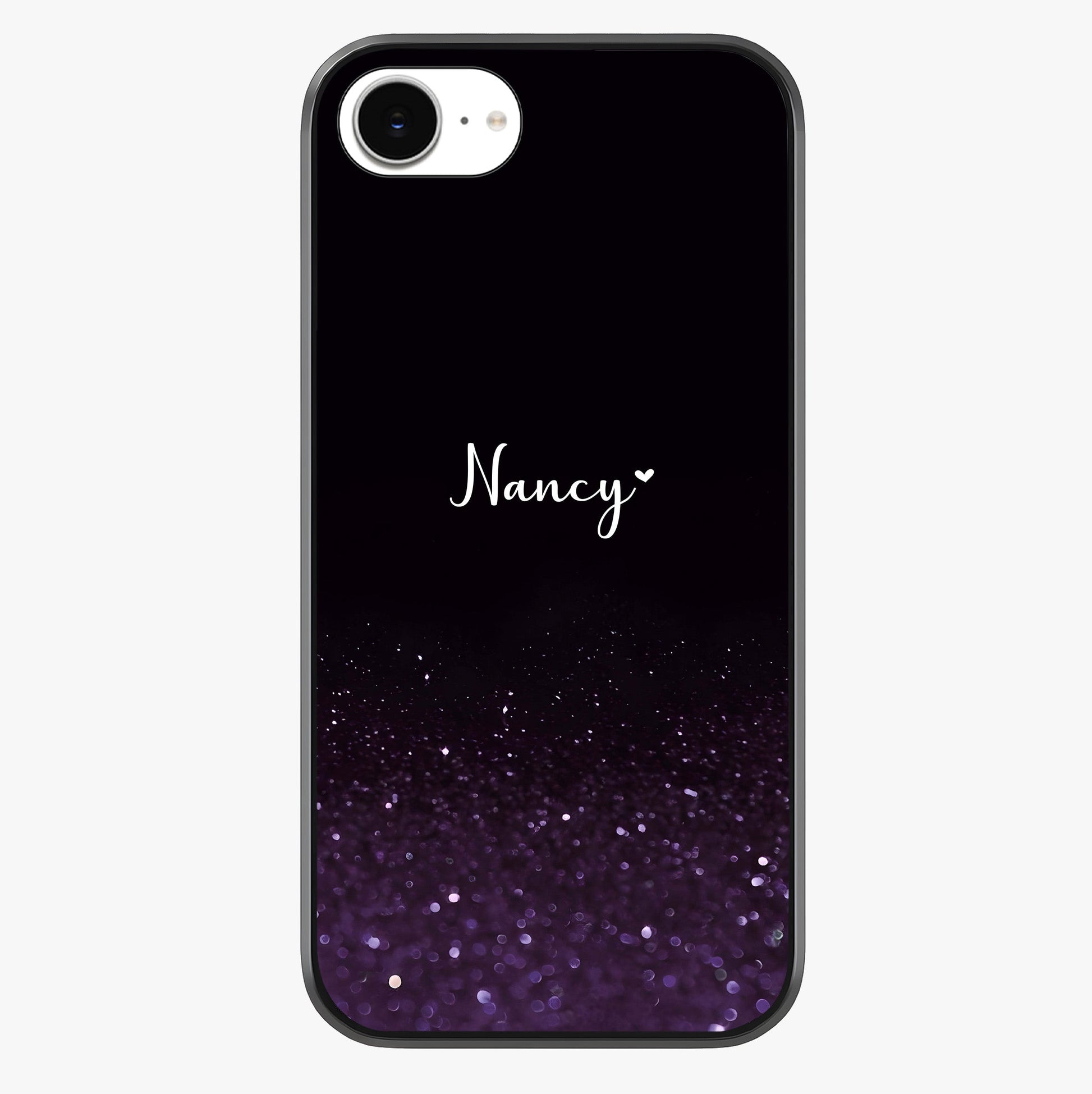Glittery Purple Bokeh Custom Name Glass Case showing full back design in clean flat view with glossy glass finish.