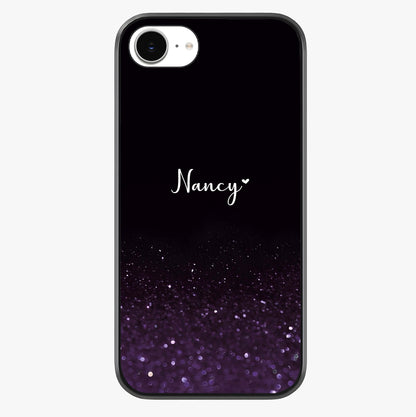 Glittery Purple Bokeh Custom Name Glass Case showing full back design in clean flat view with glossy glass finish.