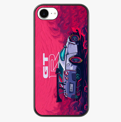 GT R Car Pattern Glass Case showing full back design in clean flat view with glossy glass finish.