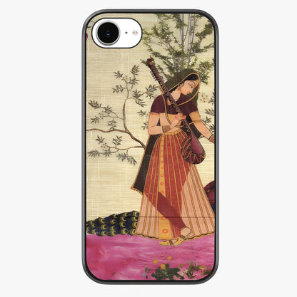 Lady With Veena Art Glass Case showing full back design in clean flat view with glossy glass finish.