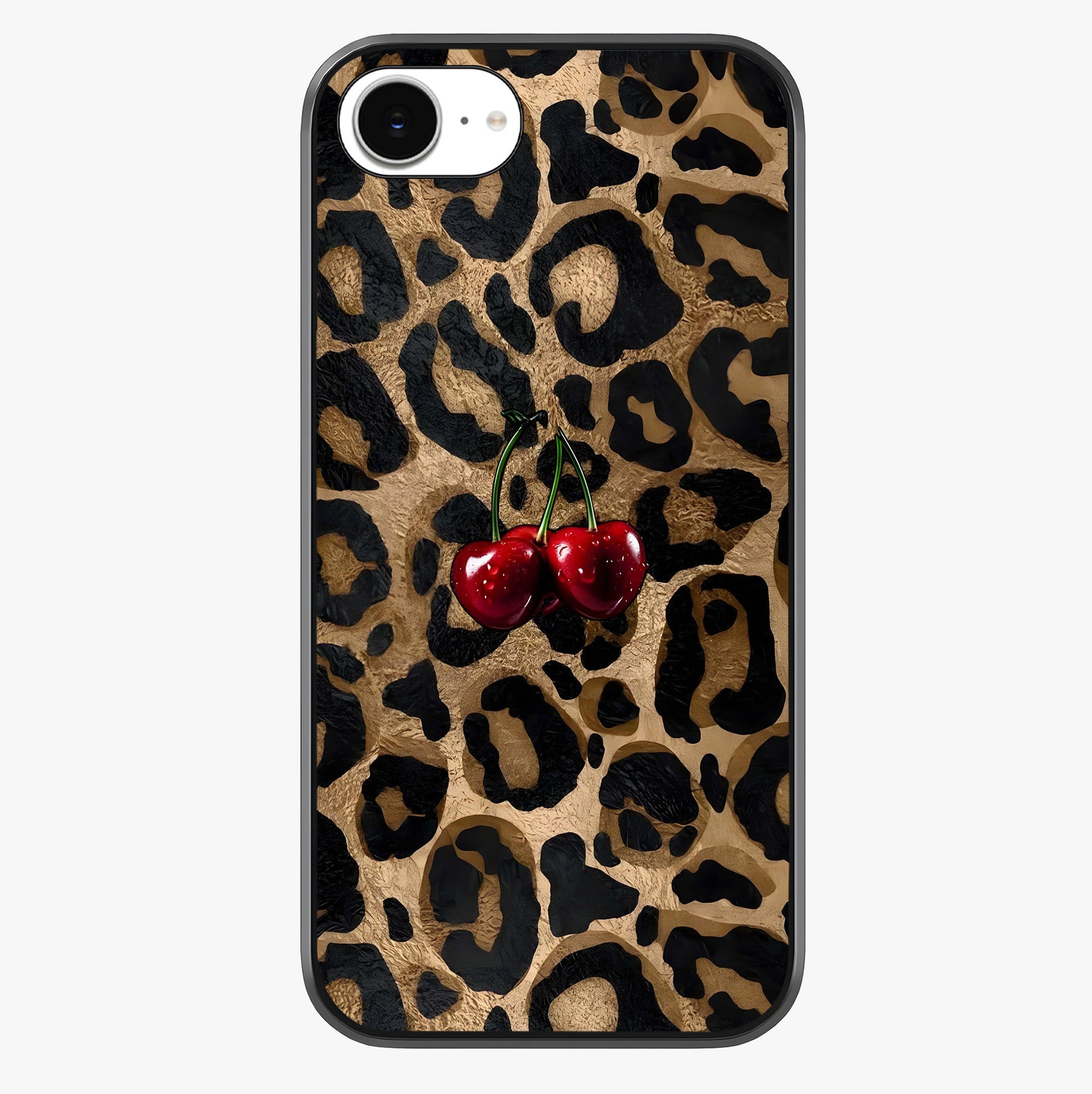 Leopard Wild Cherry Glass Case showing full back design in clean flat view with glossy glass finish.