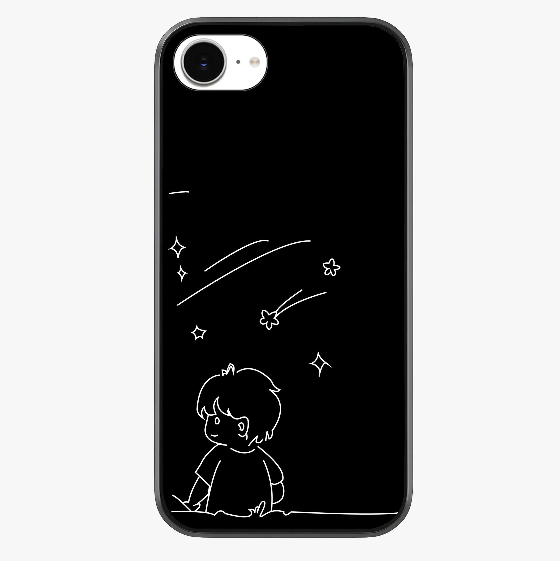 Line Art Boy With Shooting Stars Glass Case showing full back design in clean flat view with glossy glass finish.