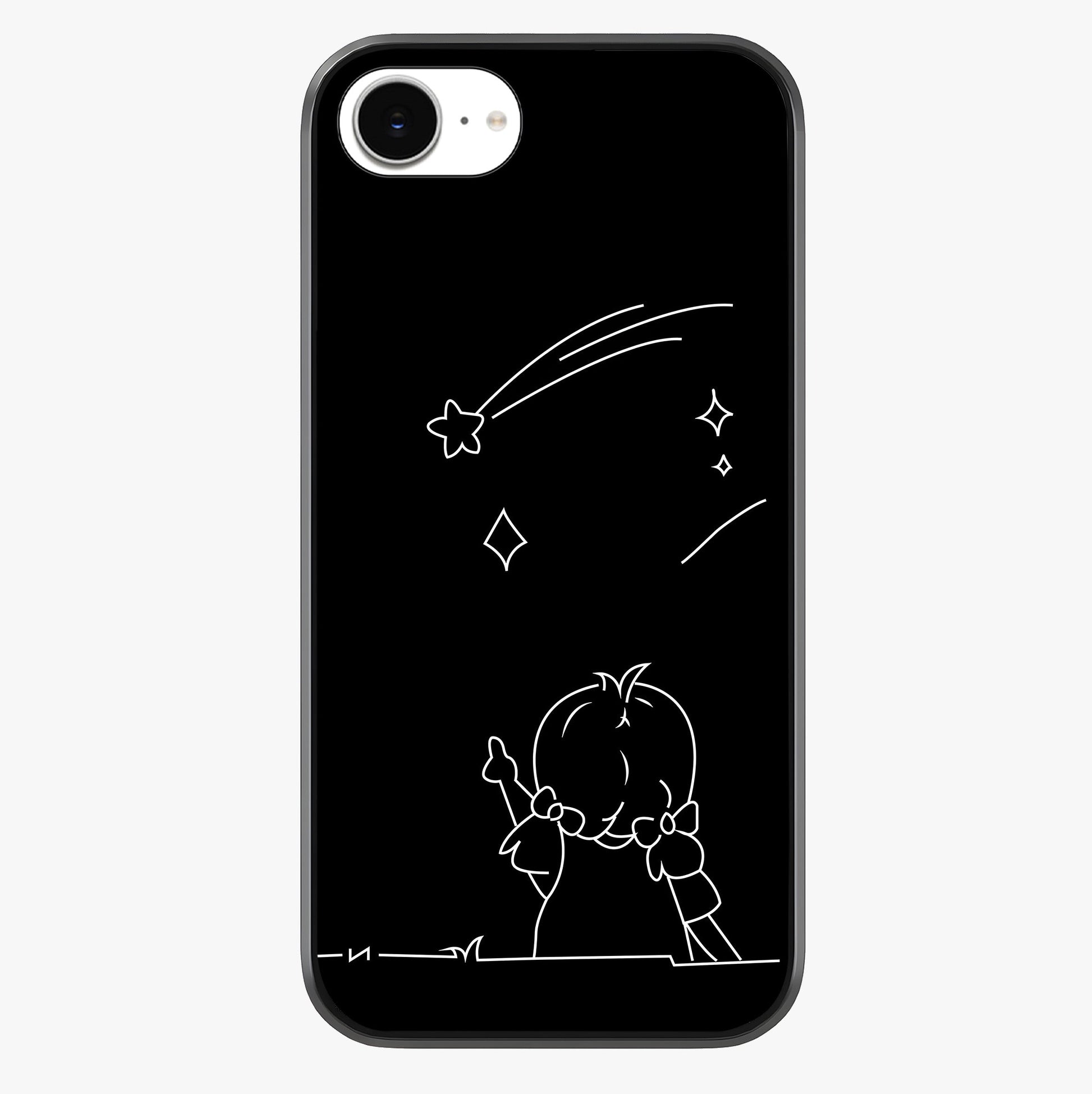 Line Art Girl With Shooting Stars Glass Case showing full back design in clean flat view with glossy glass finish.