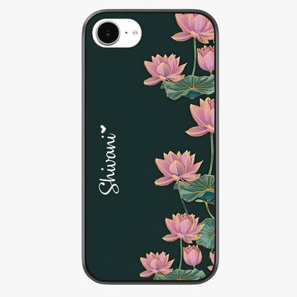 Lotus Bloom Serenity Custom Name Glass Case showing full back design in clean flat view with glossy glass finish.