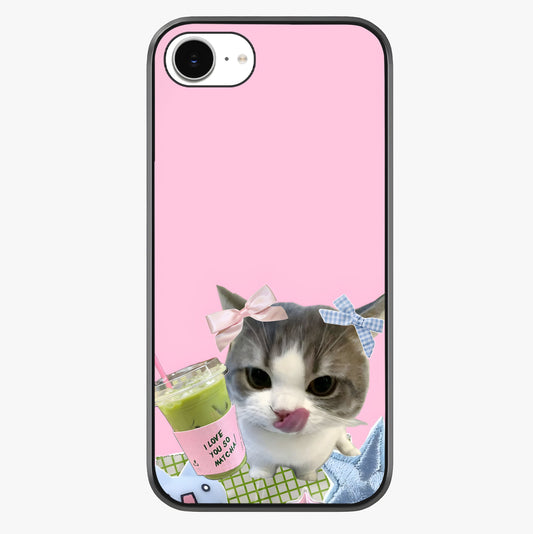 Love Matcha Cat Glass Case showing full back design in clean flat view with glossy glass finish.
