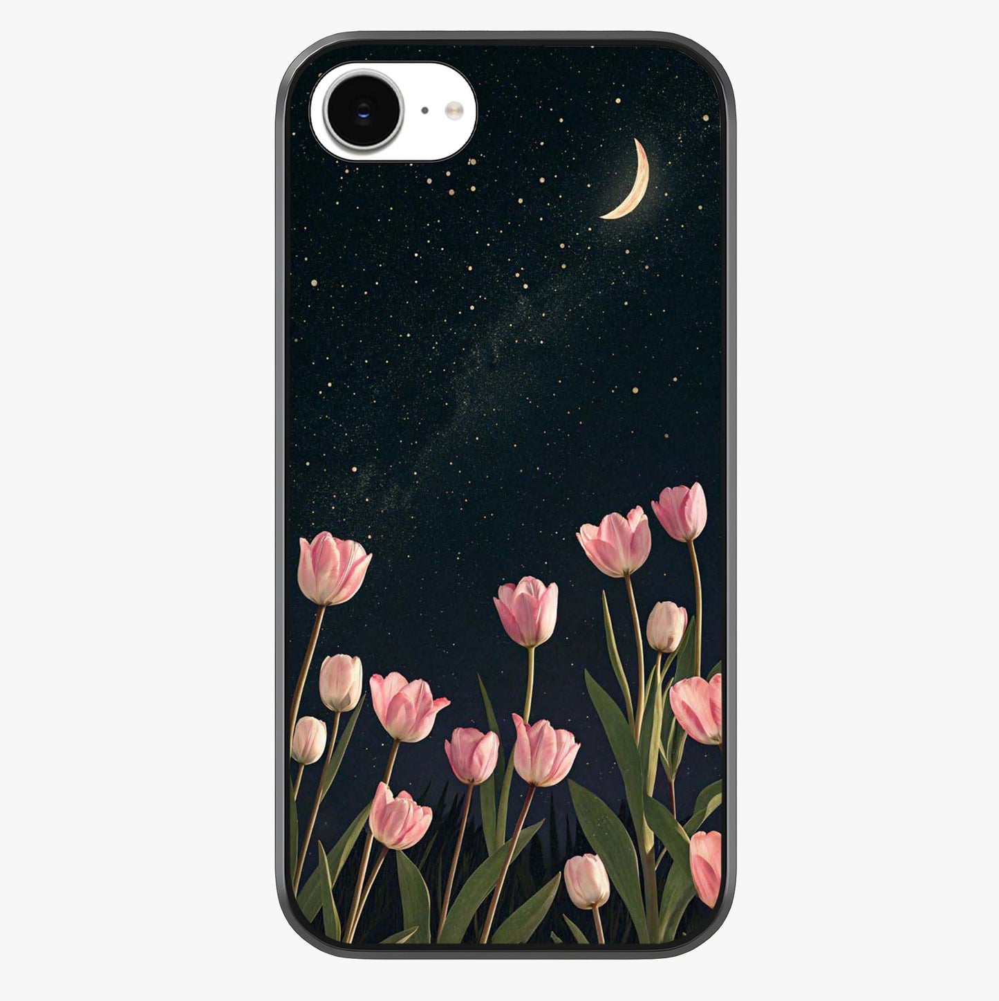Midnight Tulip Whispers Vibe Glass Case showing full back design in clean flat view with glossy glass finish.