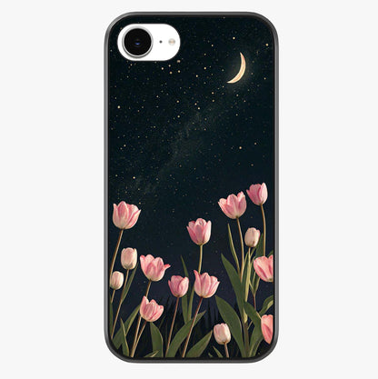 Midnight Tulip Whispers Vibe Glass Case showing full back design in clean flat view with glossy glass finish.