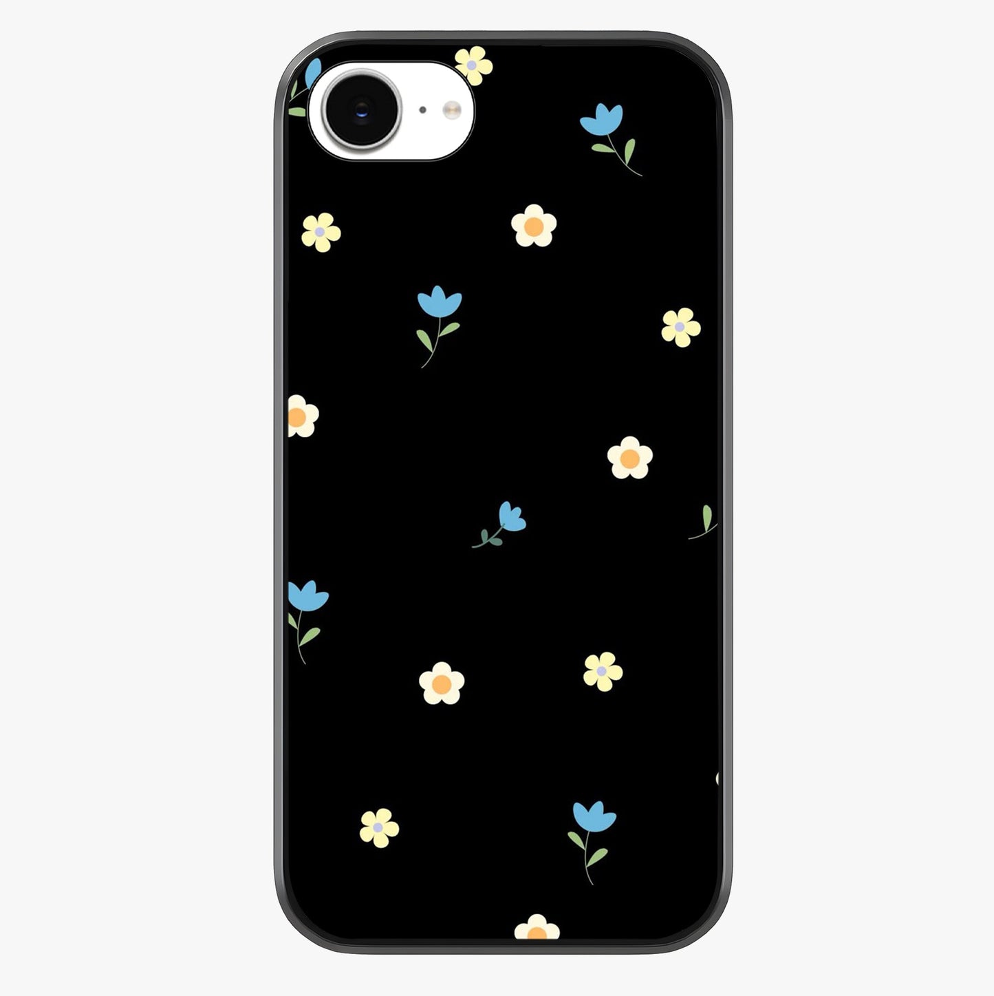 Minimalistic Blue With White Flower Pattern Glass Case showing full back design in clean flat view with glossy glass finish.