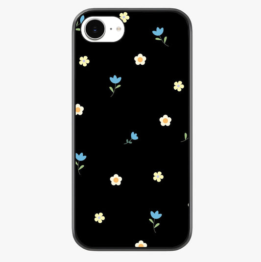 Minimalistic Blue With White Flower Pattern Glass Case showing full back design in clean flat view with glossy glass finish.