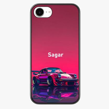 Neon Pink Porsche Glass Case showing full back design in clean flat view with glossy glass finish.