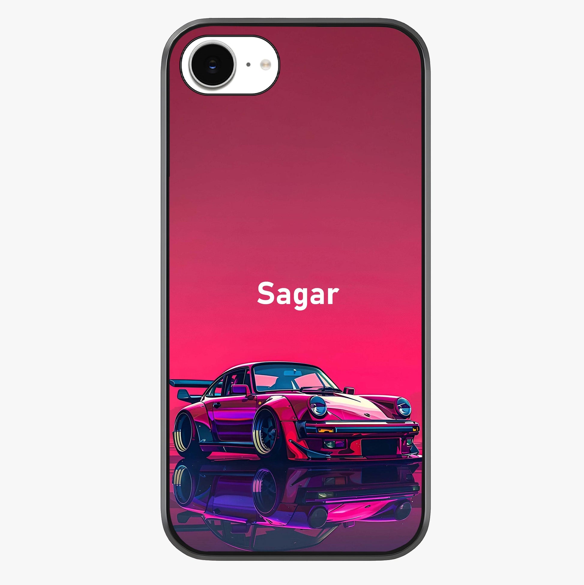 Neon Pink Porsche Glass Case showing full back design in clean flat view with glossy glass finish.