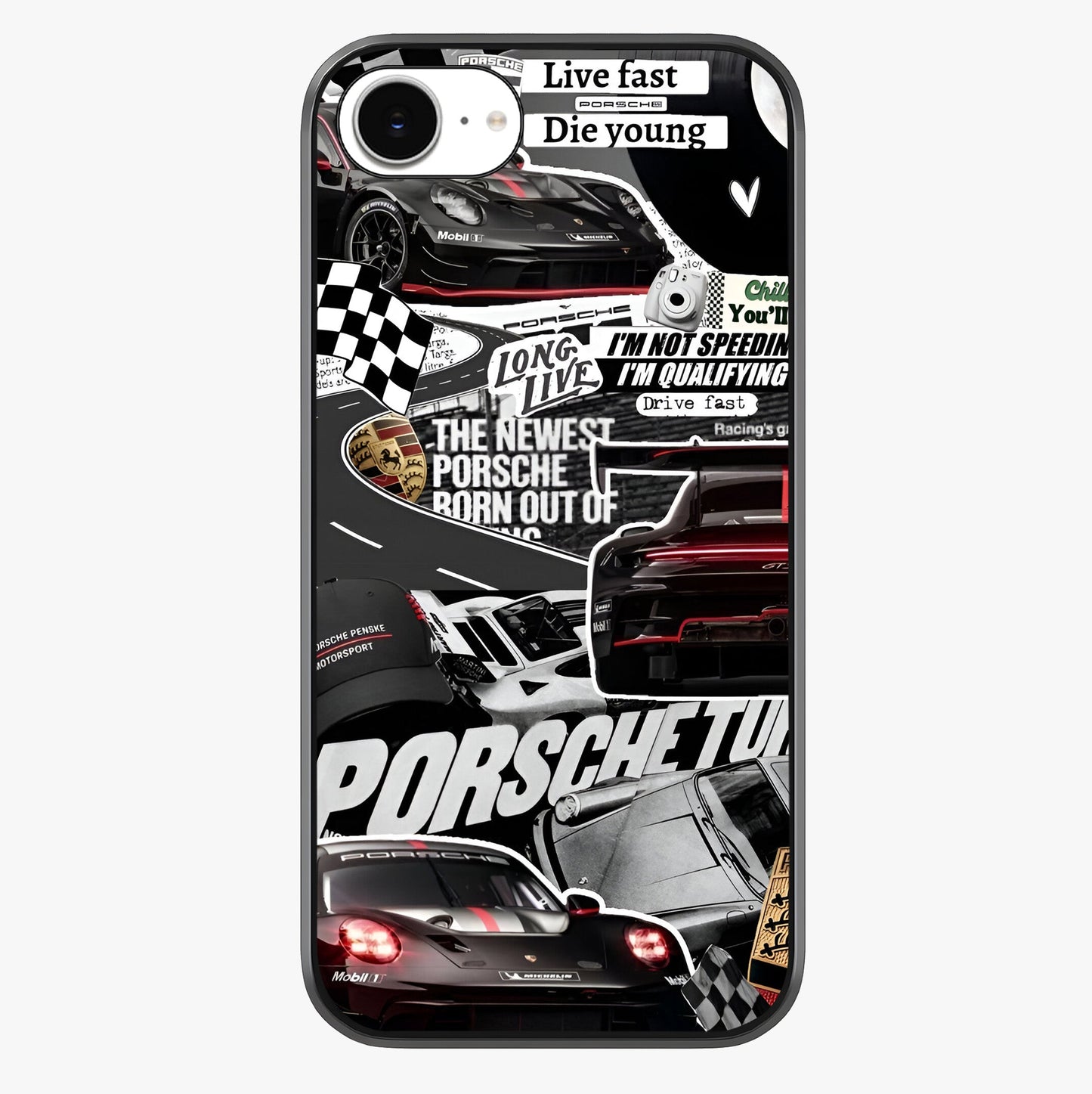 Porsche Racing Collage Glass Case showing full back design in clean flat view with glossy glass finish.