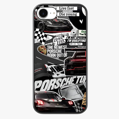 Porsche Racing Collage Glass Case showing full back design in clean flat view with glossy glass finish.