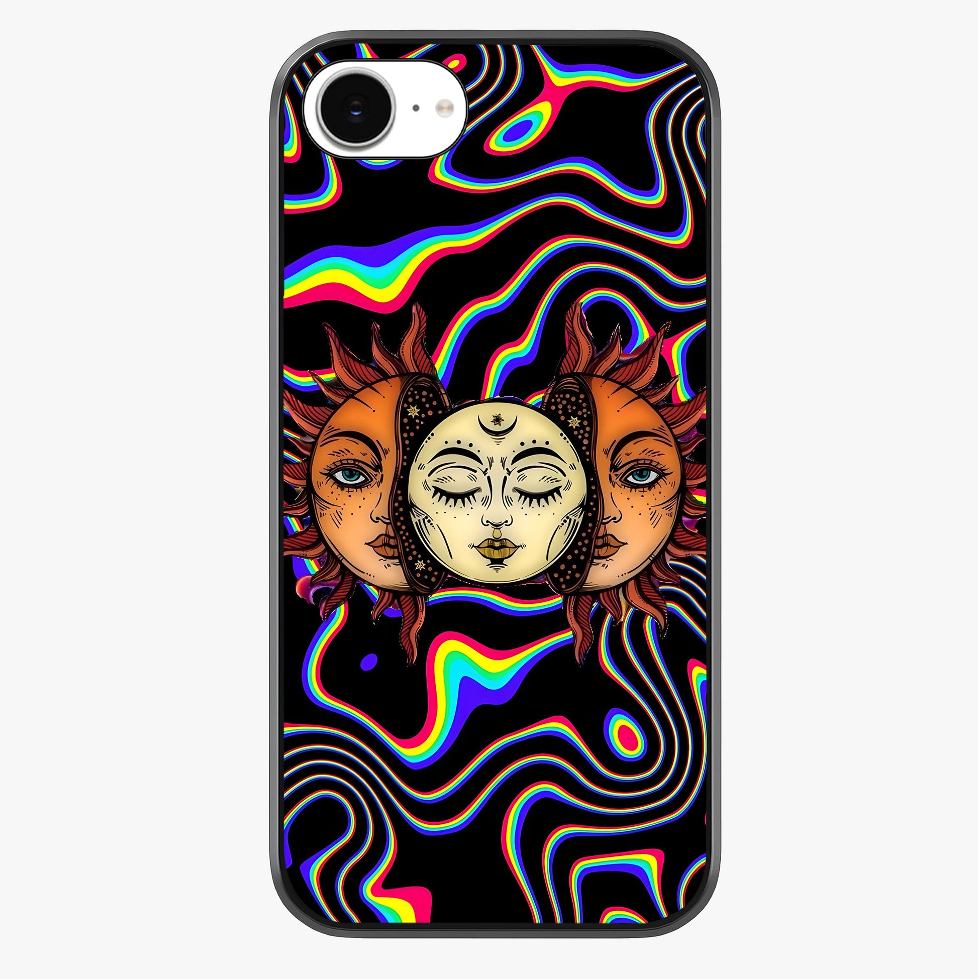 Psychedelic Sun Glass Case showing full back design in clean flat view with glossy glass finish.