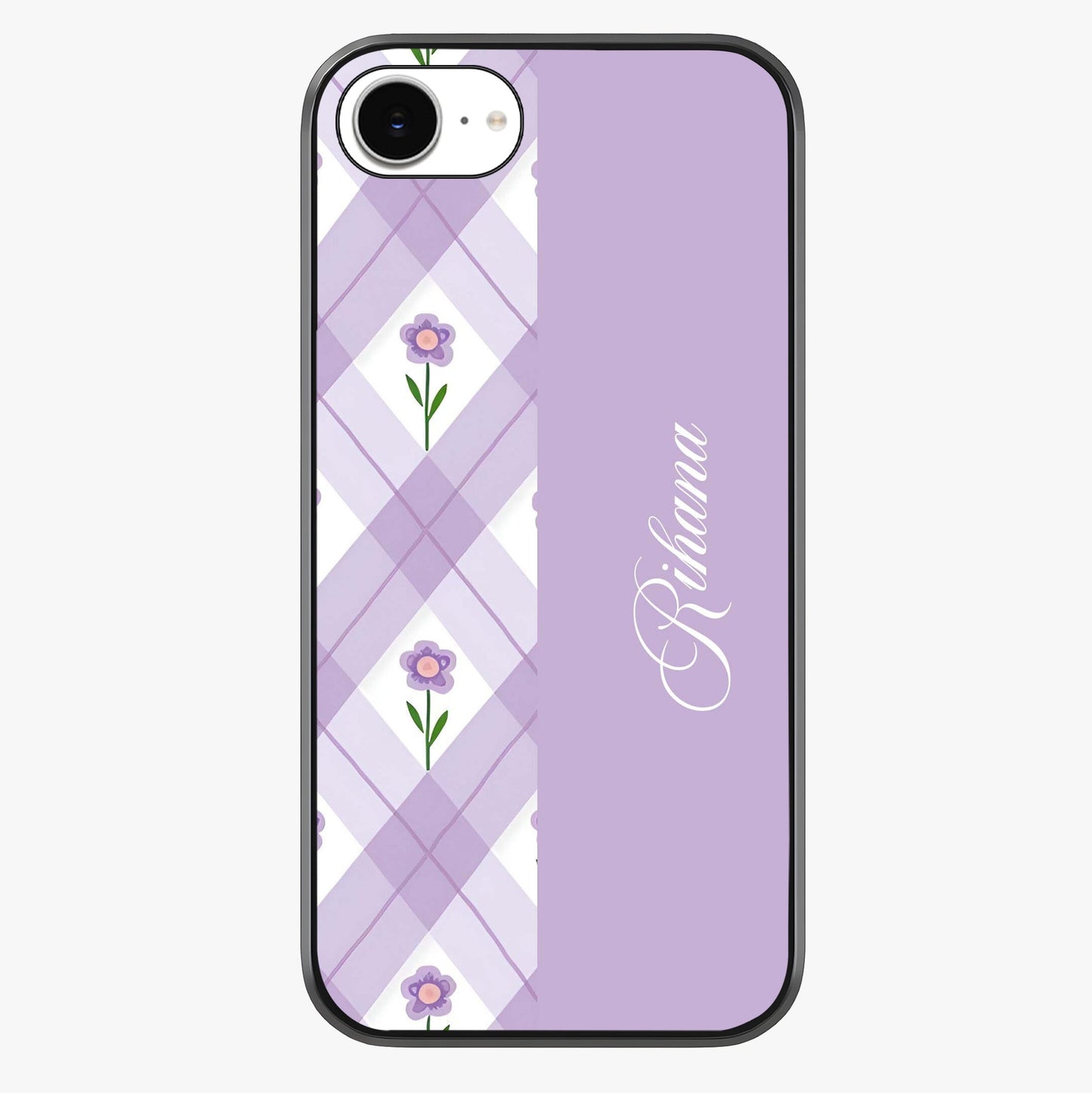Purple Diamond Floral Glass Case showing full back design in clean flat view with glossy glass finish.