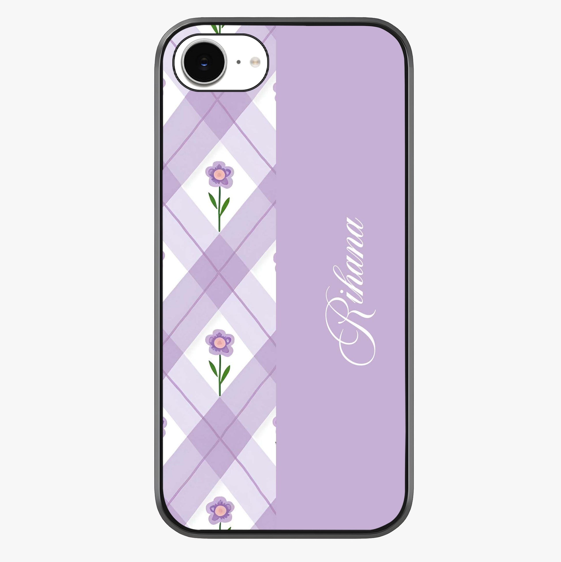 Purple Diamond Floral Glass Case showing full back design in clean flat view with glossy glass finish.