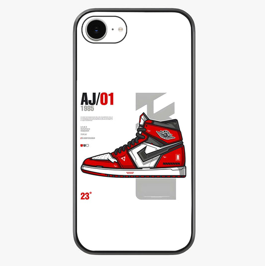 Retro Sneaker Blueprint Glass Case showing full back design in clean flat view with glossy glass finish.