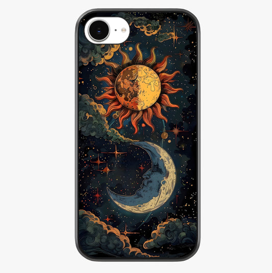 Sun And Moon Magic Design Glass Case showing full back design in clean flat view with glossy glass finish.