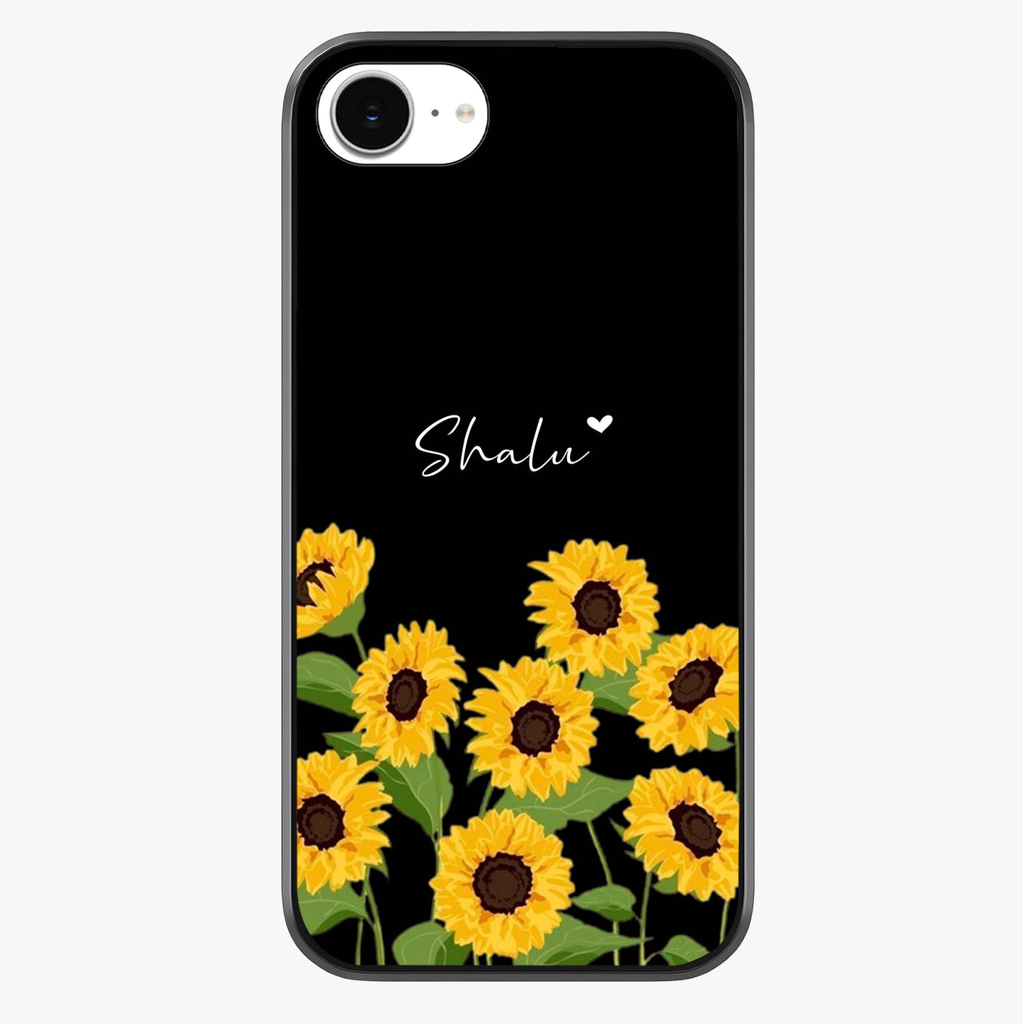 Sunflower Chic Mood Custom Name Glass Case showing full back design in clean flat view with glossy glass finish.