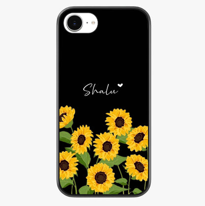 Sunflower Chic Mood Custom Name Glass Case showing full back design in clean flat view with glossy glass finish.
