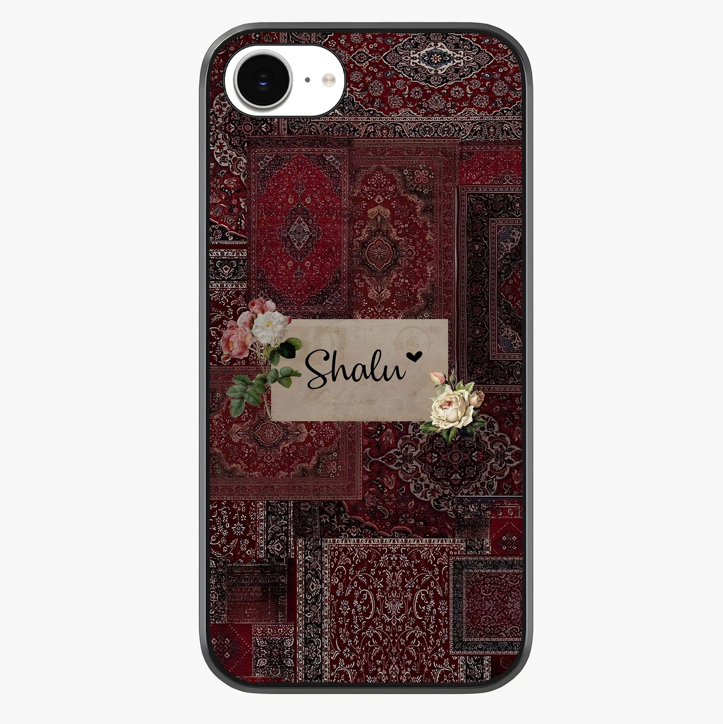 Velvet Wine Pattern Custom Name Glass Case showing full back design in clean flat view with glossy glass finish.