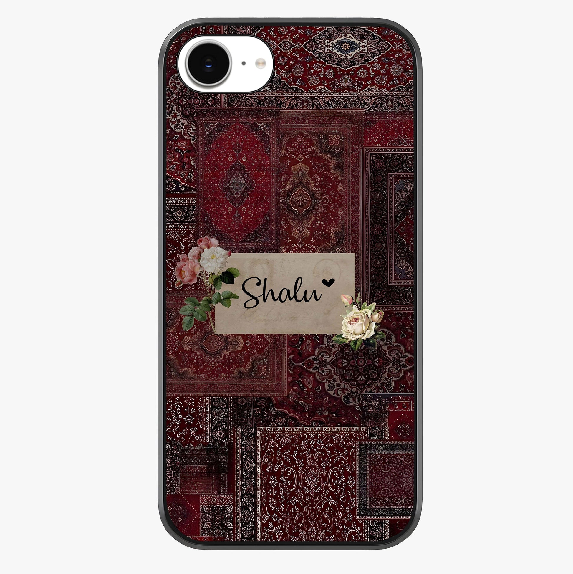 Velvet Wine Pattern Custom Name Glass Case showing full back design in clean flat view with glossy glass finish.