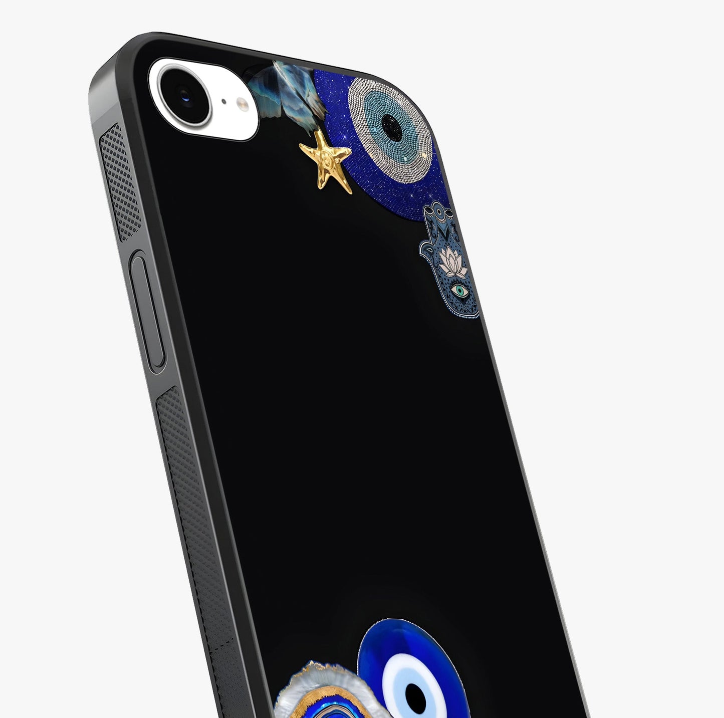 Aesthetic Blue Evil Eye Glass Case captured at a warm angle highlighting gloss, texture and premium glass finish.