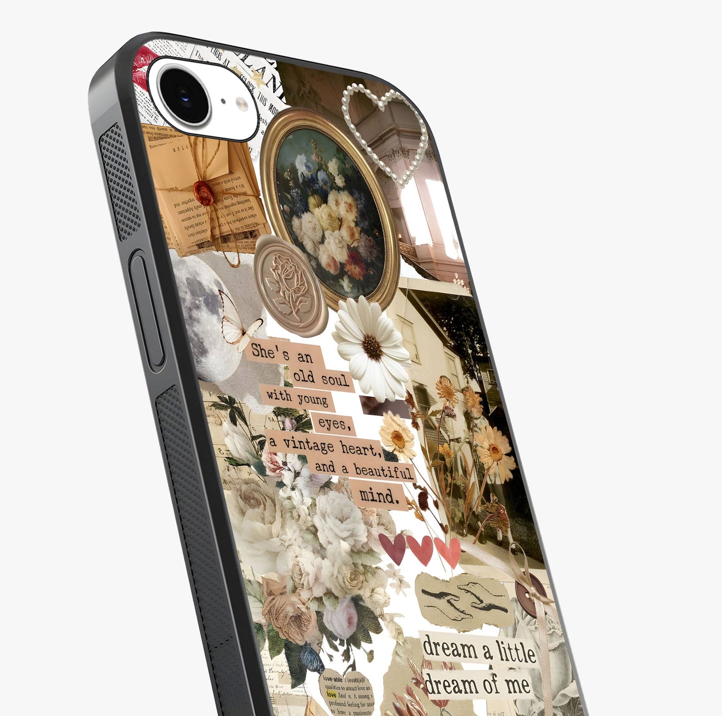 Aesthetic Brown Vintage Collage Glass Case captured at a warm angle highlighting gloss, texture and premium glass finish.