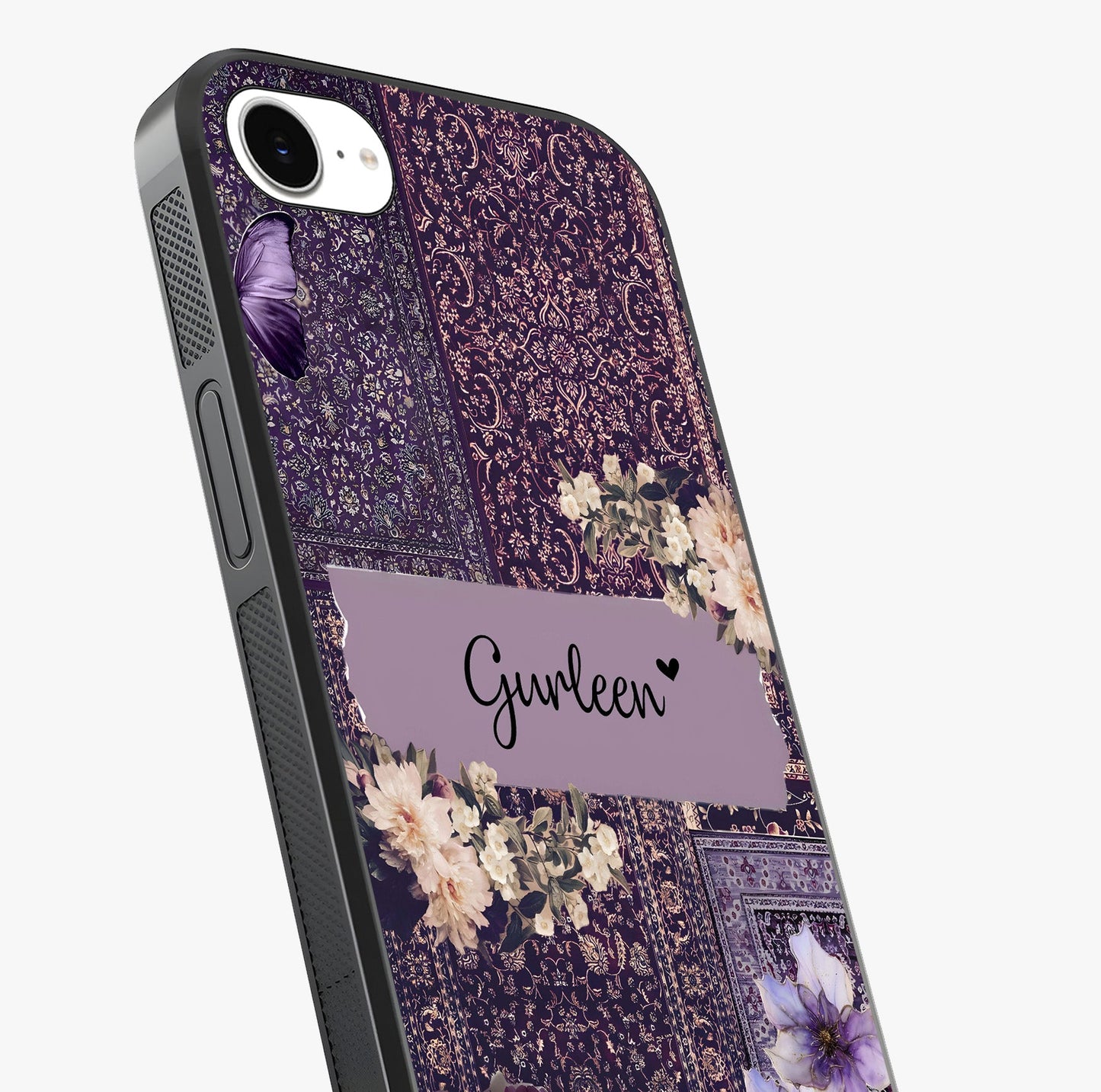 Antique Floral Whisper Custom Name Glass Case captured at a warm angle highlighting gloss, texture and premium glass finish.