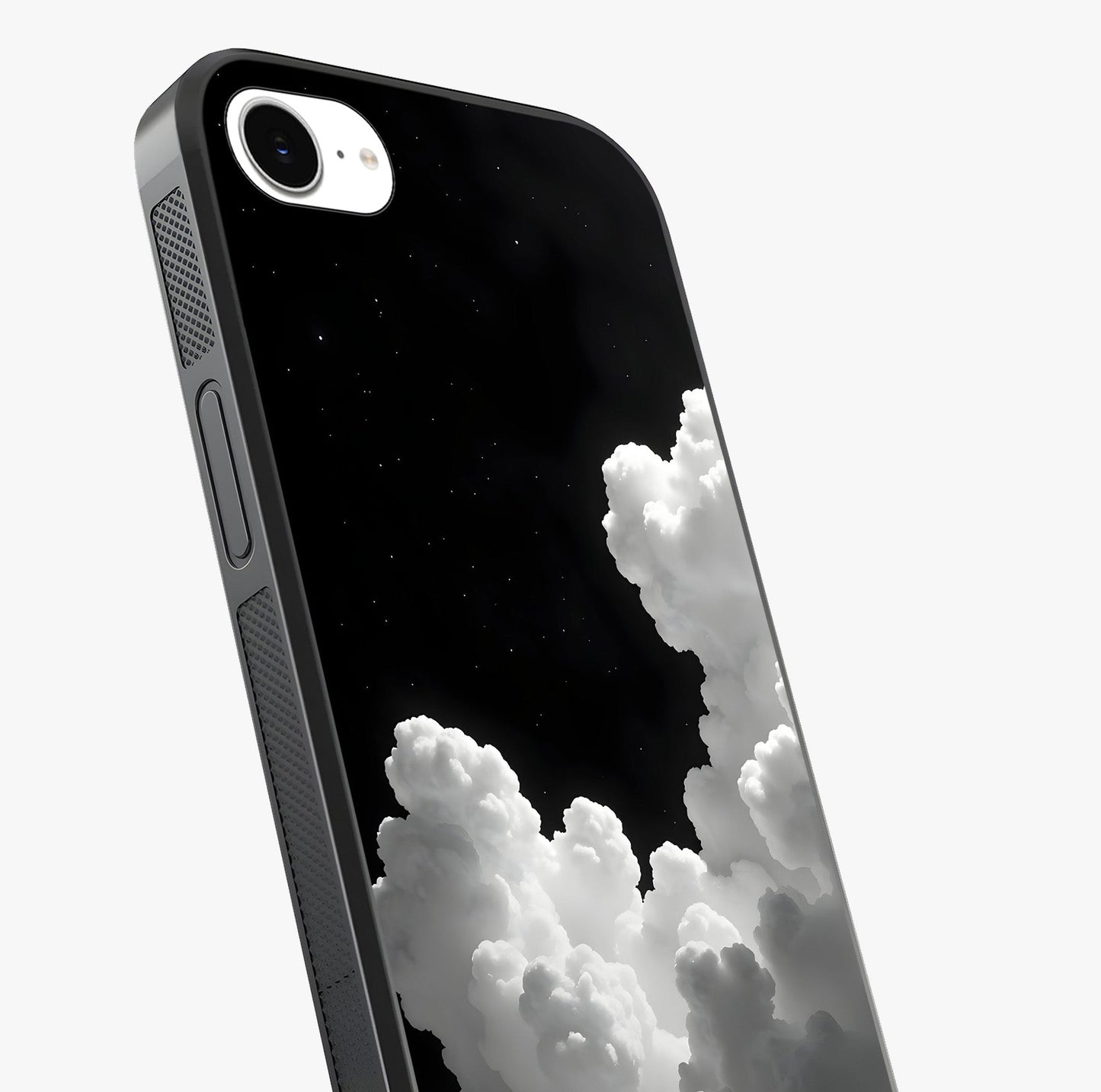 Black Background With White Cloud Glass Case captured at a warm angle highlighting gloss, texture and premium glass finish.