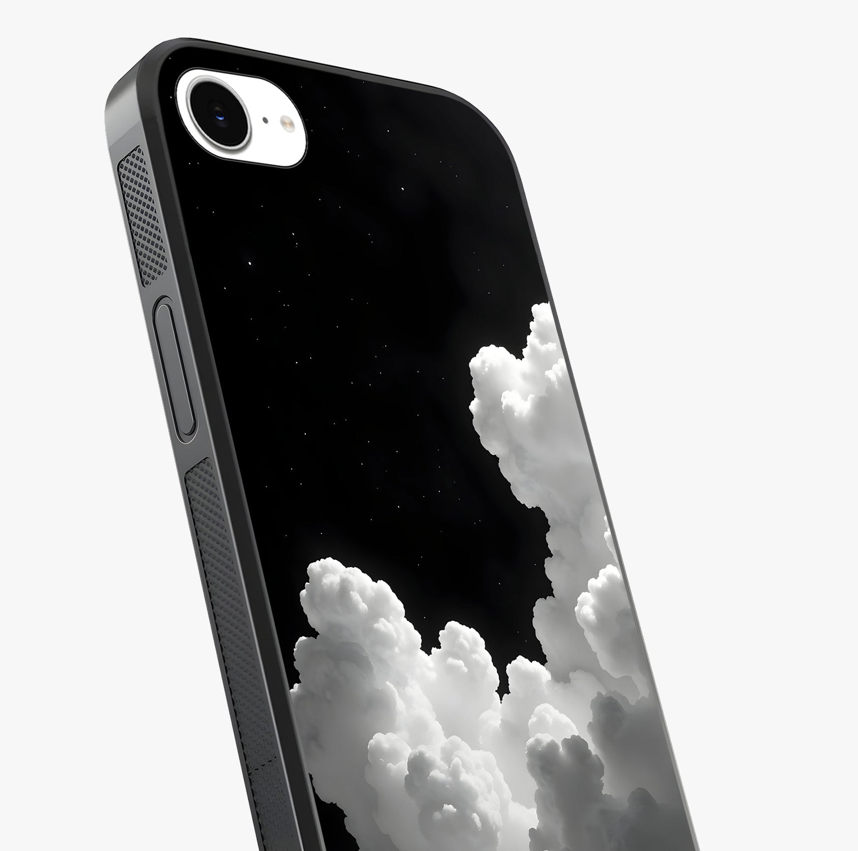Black Background With White Cloud Glass Case captured at a warm angle highlighting gloss, texture and premium glass finish.