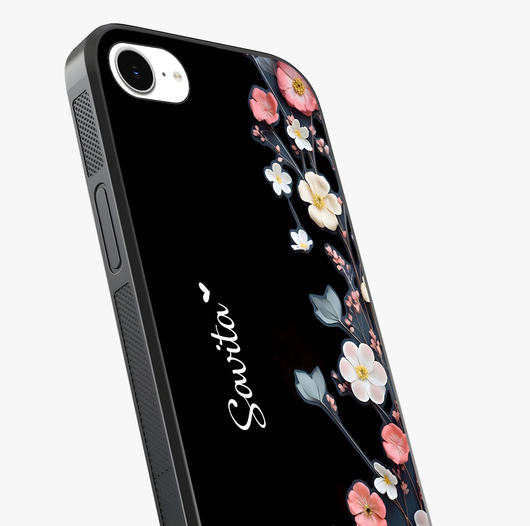 Black Elegance Floral Custom Name Glass Case captured at a warm angle highlighting gloss, texture and premium glass finish.