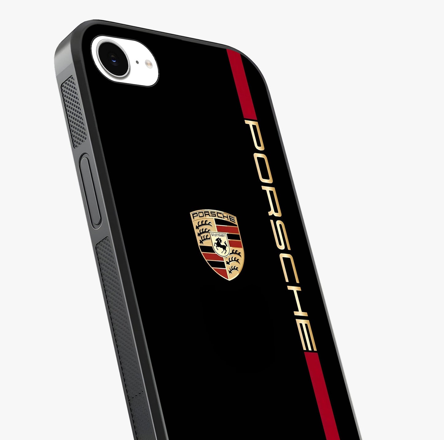 Black Minimal Porsche Glass Case captured at a warm angle highlighting gloss, texture and premium glass finish.