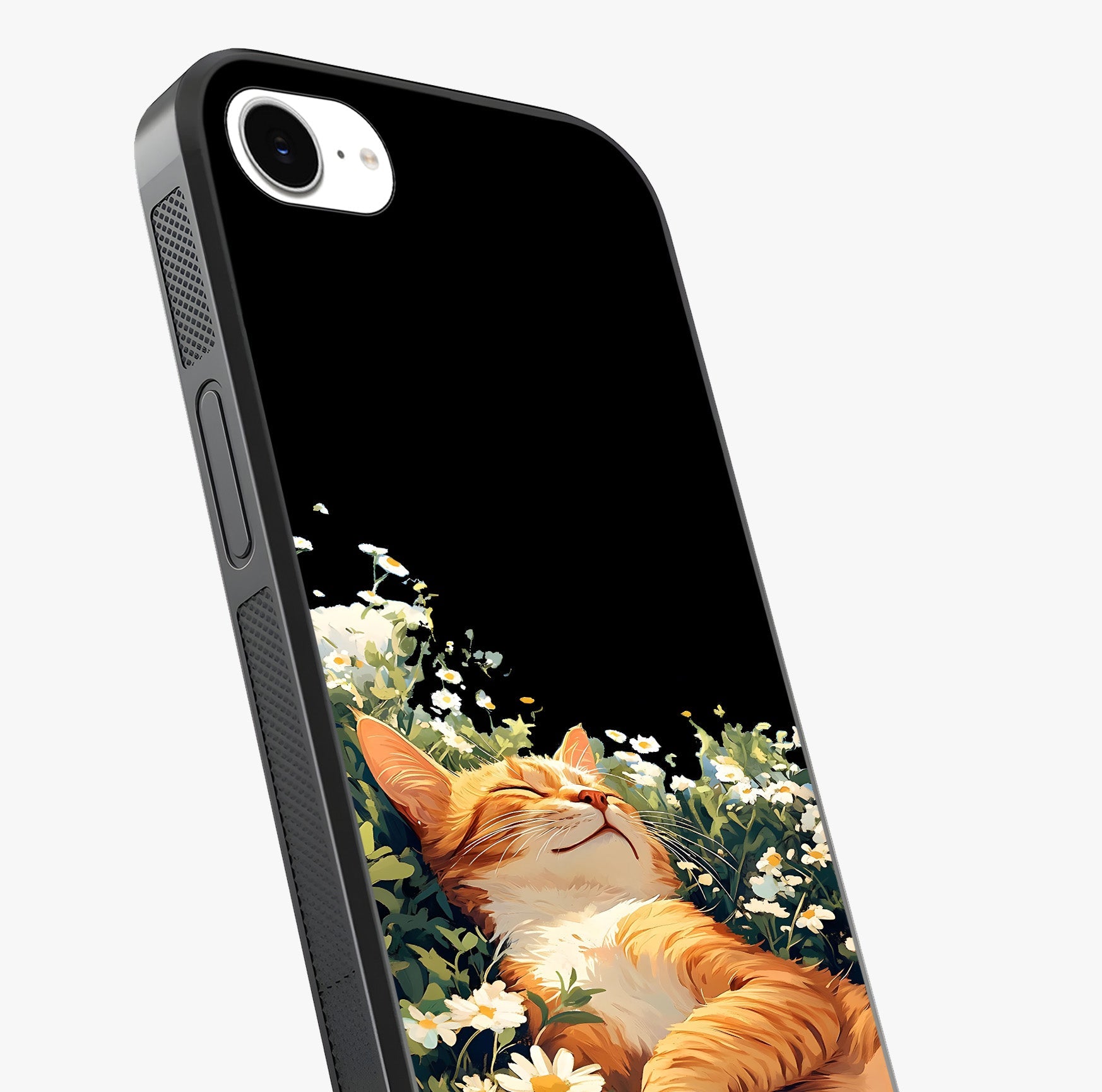 Blissful Bloom Cat Glass Case captured at a warm angle highlighting gloss, texture and premium glass finish.