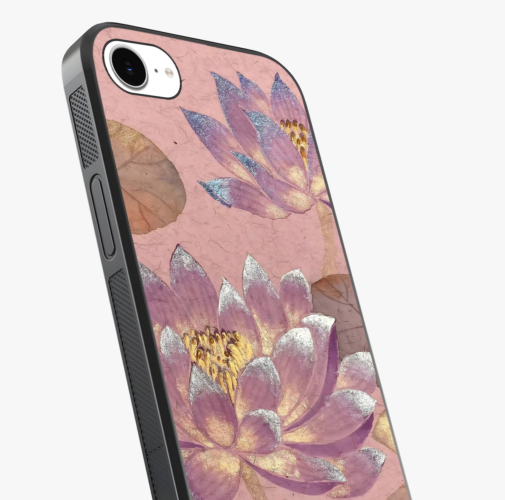 Blossom Mist Lotus Glass Case captured at a warm angle highlighting gloss, texture and premium glass finish.