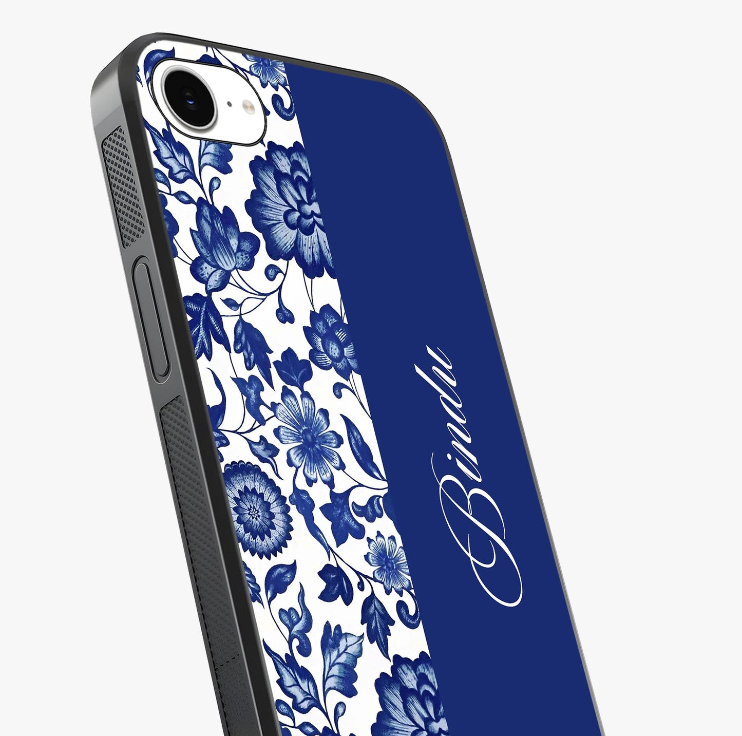 Blue Vintage Floral Pattern Glass Case captured at a warm angle highlighting gloss, texture and premium glass finish.