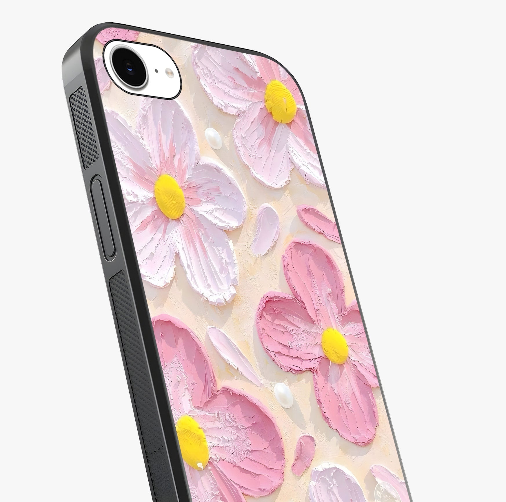 Blush Bloom Texture Glass Case captured at a warm angle highlighting gloss, texture and premium glass finish.