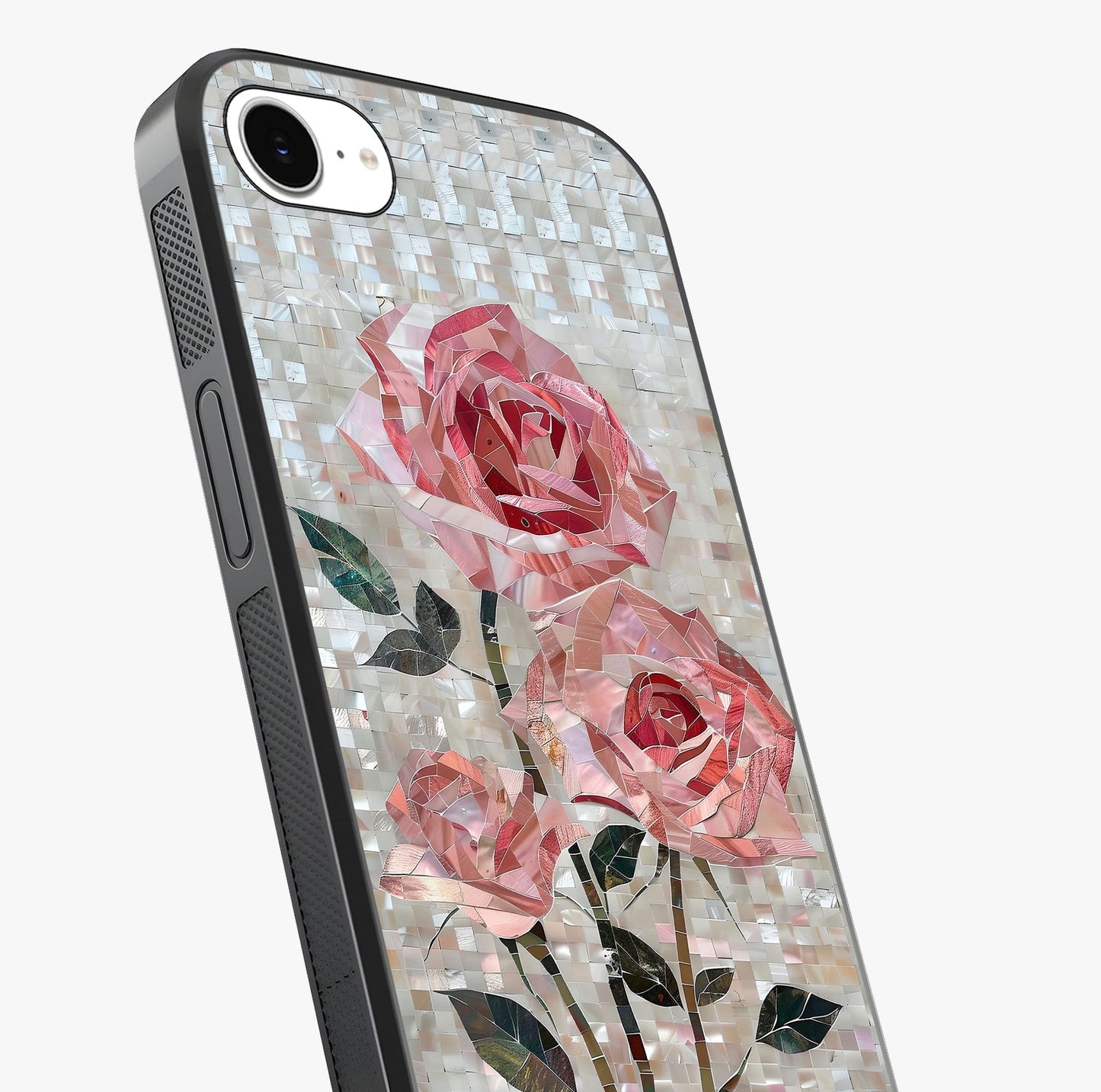 Blush Mosaic Bloom Glass Case captured at a warm angle highlighting gloss, texture and premium glass finish.