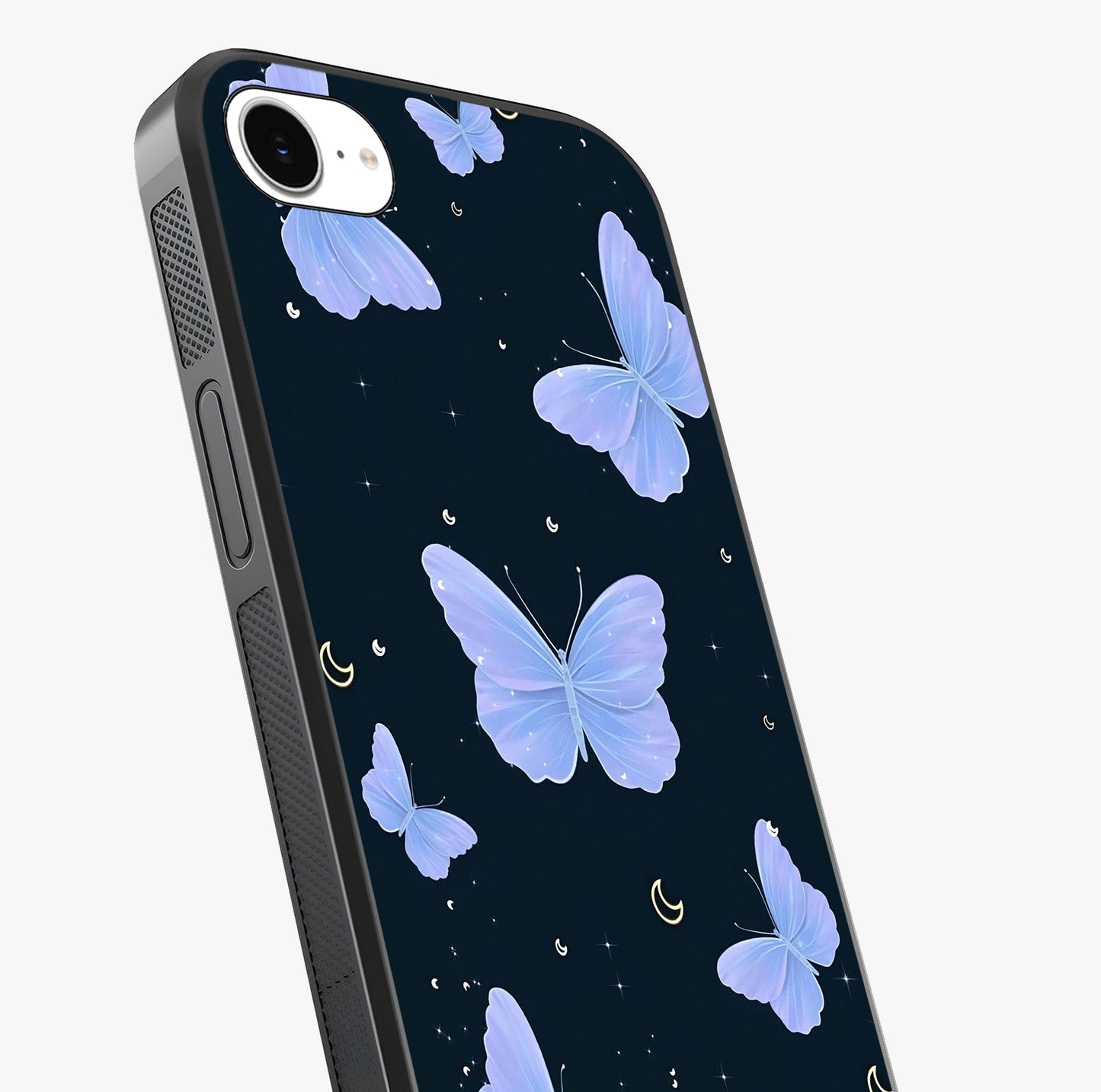 Butterfly With Stars Pattern Glass Case captured at a warm angle highlighting gloss, texture and premium glass finish.
