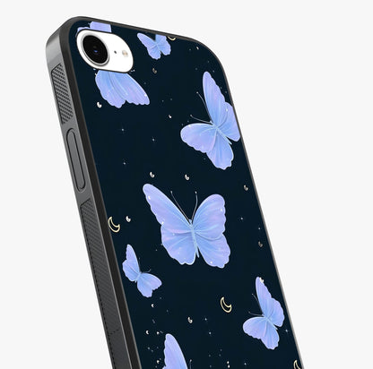 Butterfly With Stars Pattern Glass Case captured at a warm angle highlighting gloss, texture and premium glass finish.