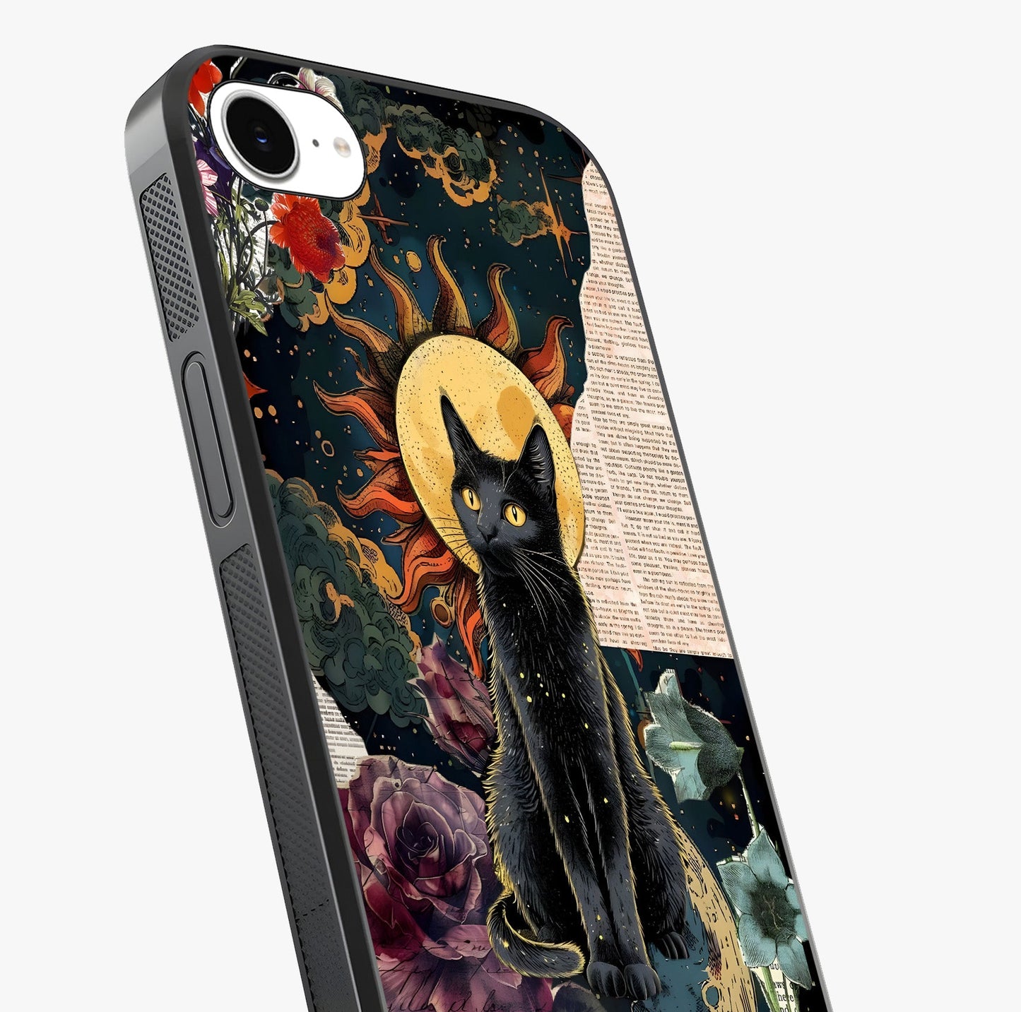 Celestial Black Cat Glass Case captured at a warm angle highlighting gloss, texture and premium glass finish.