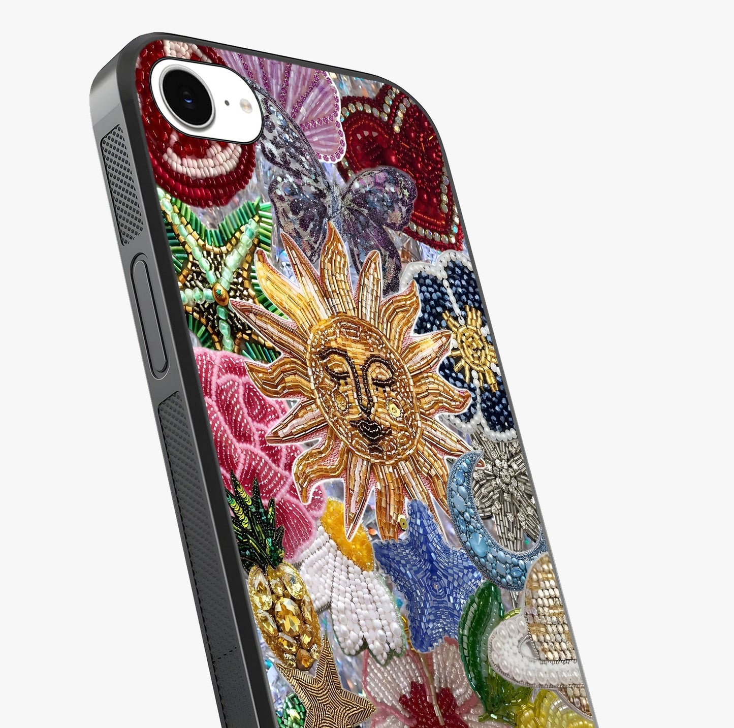 Celestial Floral And Playful Glass Case captured at a warm angle highlighting gloss, texture and premium glass finish.