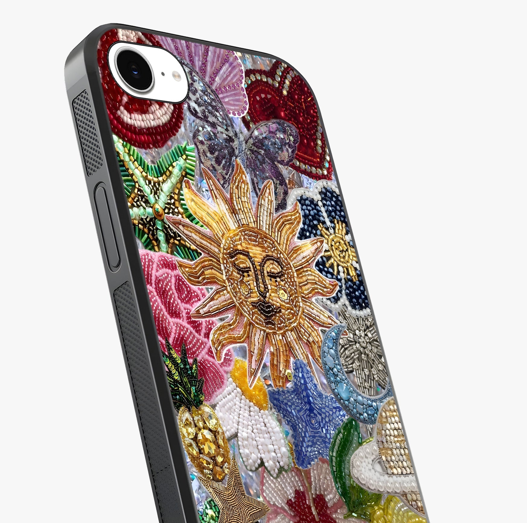 Celestial Floral And Playful Glass Case captured at a warm angle highlighting gloss, texture and premium glass finish.