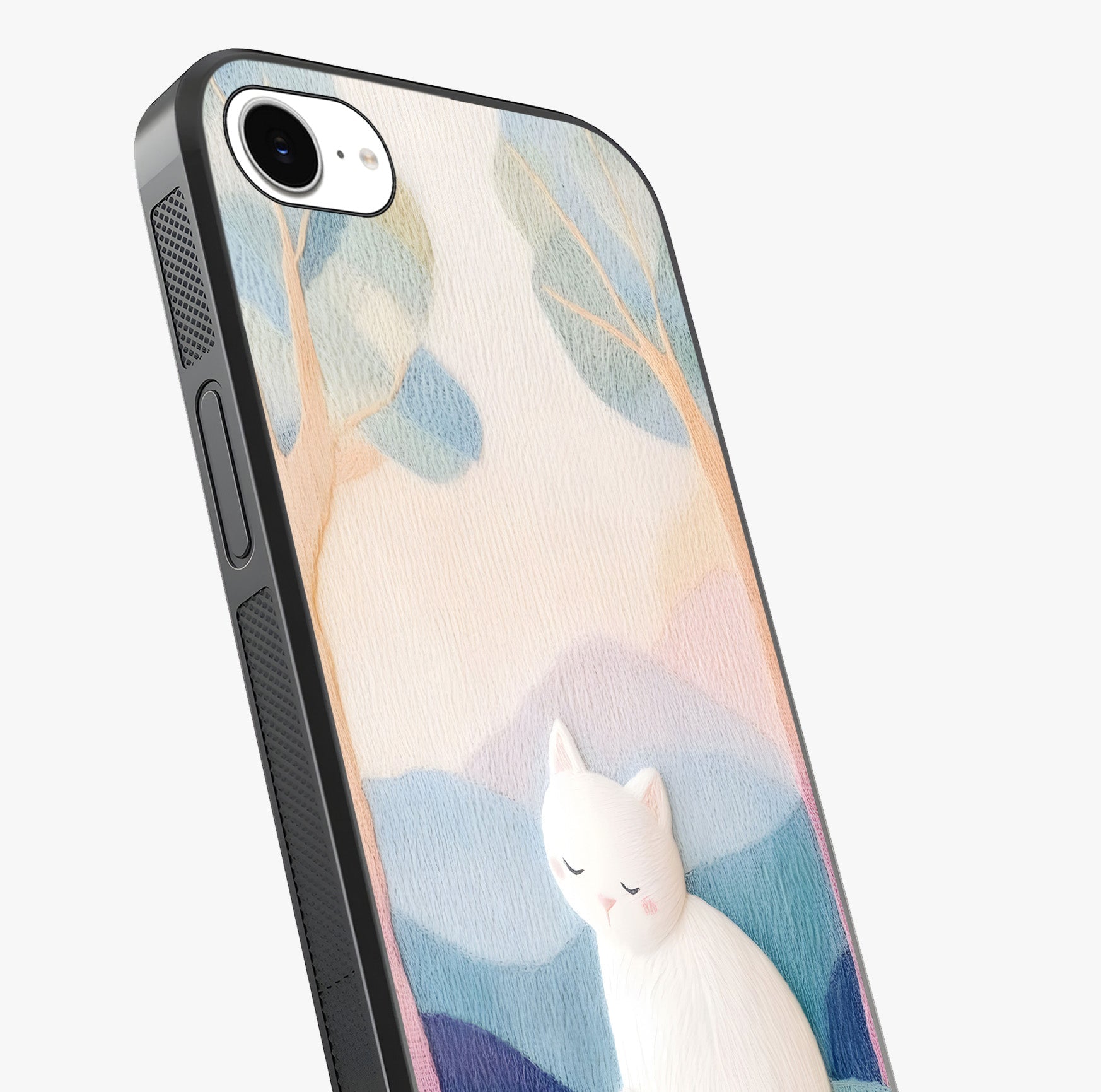 Cotton Dream Cat Glass Case captured at a warm angle highlighting gloss, texture and premium glass finish.