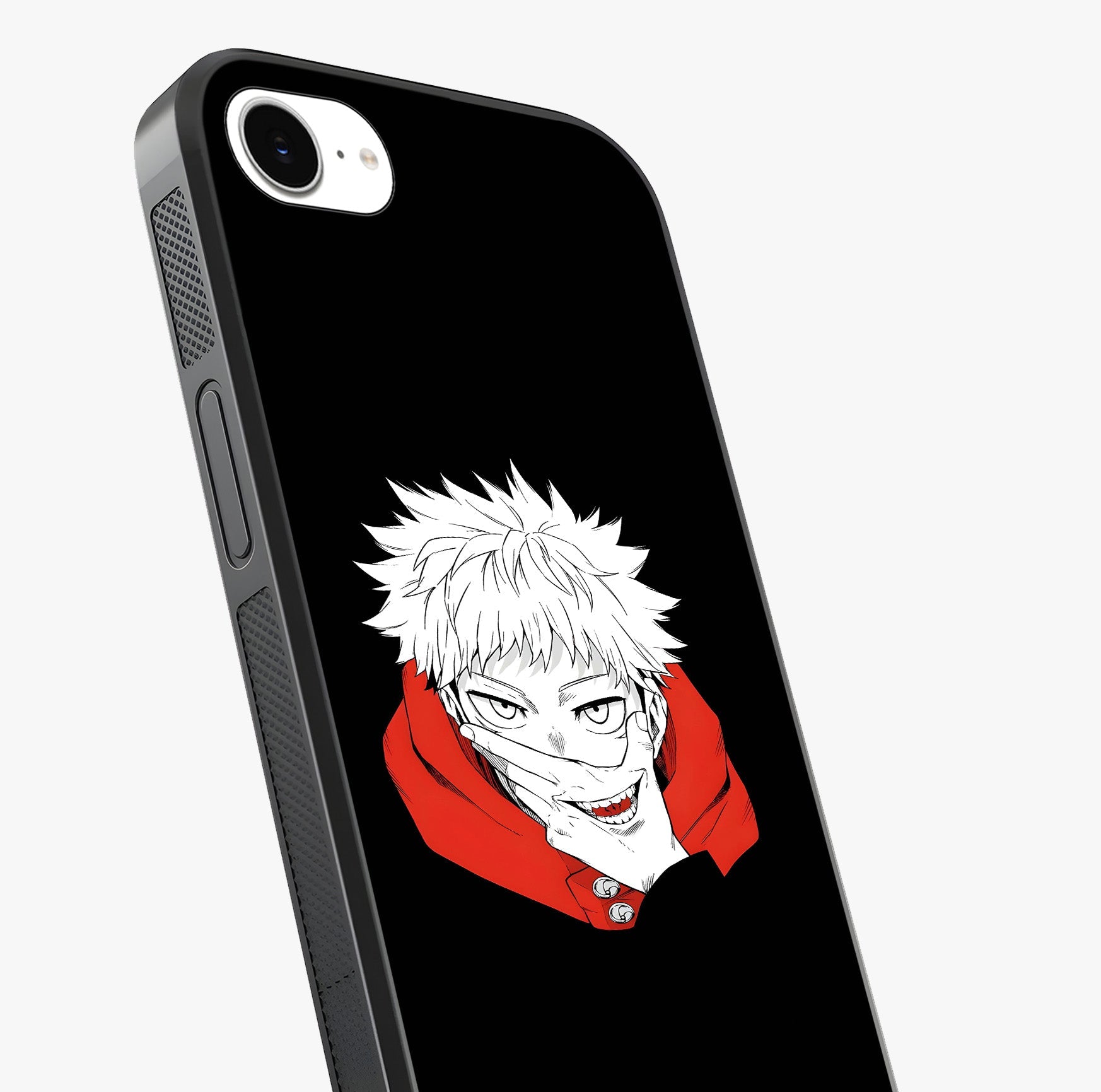 Crimson Chaos Smile Glass Case captured at a warm angle highlighting gloss, texture and premium glass finish.