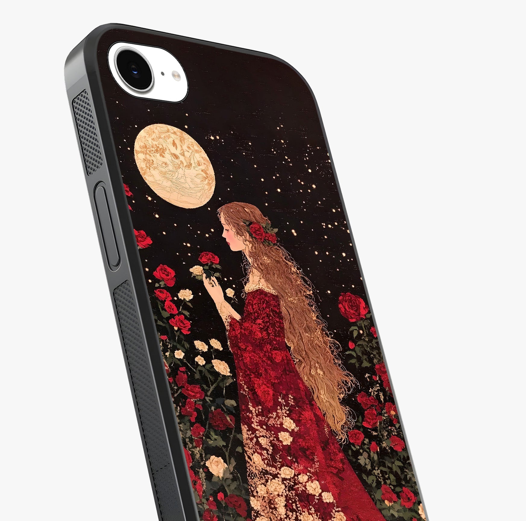 Crimson Dreams Glass Case captured at a warm angle highlighting gloss, texture and premium glass finish.