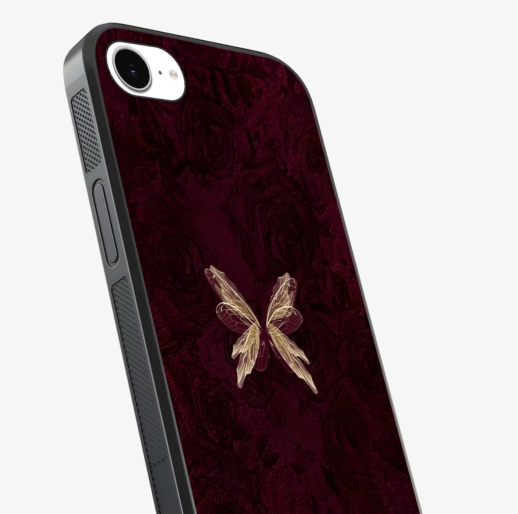 Crimson Fade Butterfly Glass Case captured at a warm angle highlighting gloss, texture and premium glass finish.