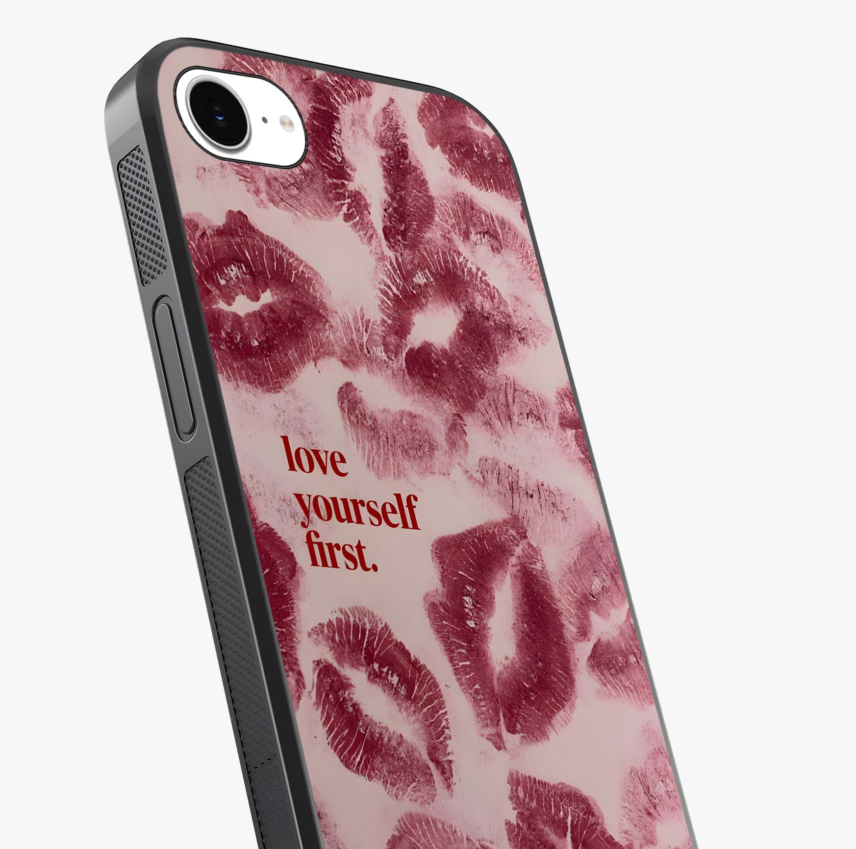 Crimson Kiss Love Glass Case captured at a warm angle highlighting gloss, texture and premium glass finish.